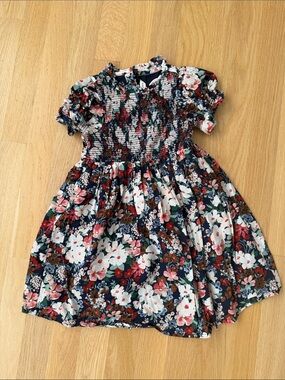 Janie and Jack Navy Floral Smocked Dress with Pink, Red & White Blooms